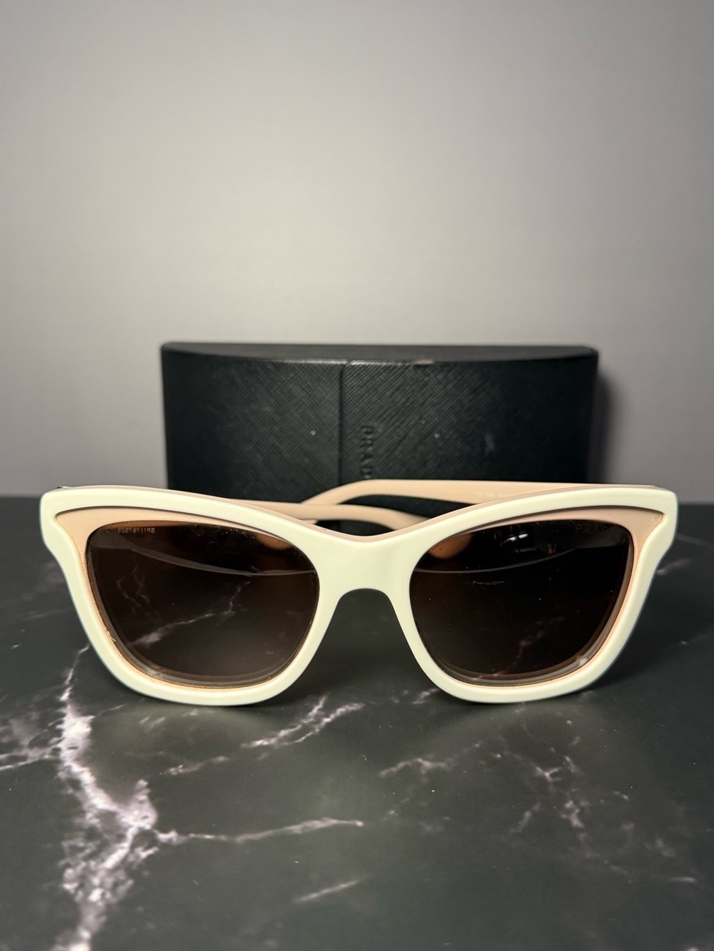 Prada Cream Cat-Eye Sunglasses with Brown Lenses